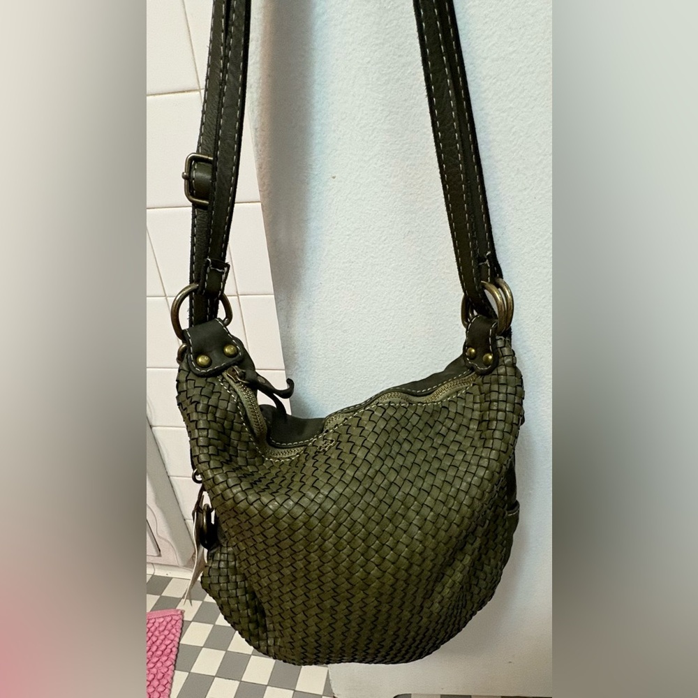 NWT - Dark Green Woven Italian Leather Shoulder Bag/backpack & dust cloth